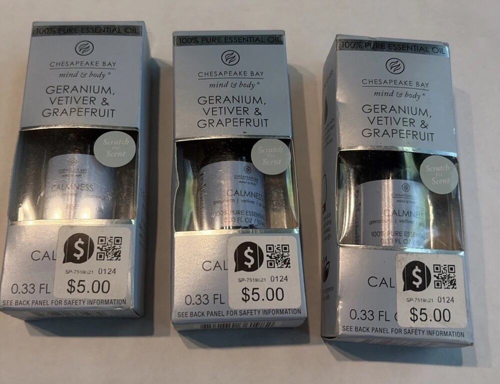 3pk Chesapeake Bay Essential Oil: Calmness-Geranium, Vetiver & Grapefruit 0.33oz
